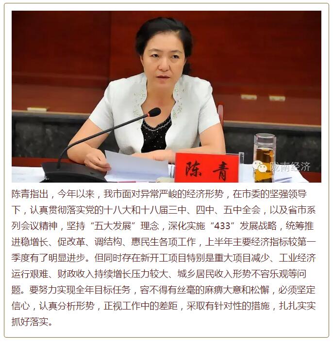 陳青在市政府全體會(huì)議上強(qiáng)調(diào)：緊盯一個(gè)目標(biāo)抓好九大任務(wù)落實(shí)強(qiáng)化三項(xiàng)保障，確保全市經(jīng)濟(jì)社會(huì)持續(xù)快速發(fā)展